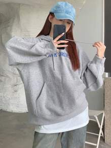 Dazy X KIMYOUJUNG Collection Women's Letter Embroidered Loose Hooded Celebrity Sweatshirt,Fall Clothes Hoodies - Light Grey - View 4