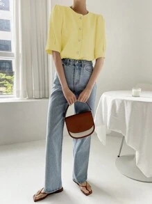 DAZY Women's Round Neck Button Up Half Sleeve Fashion Loose Comfy Soft Yellow Blouse