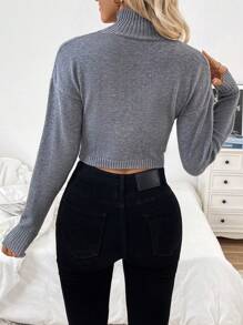 Chiquease Hollow Out Twist Design Sexy Figure-Hugging Cropped Mock Neck Long Sleeve Sweater, Autumn/Winter