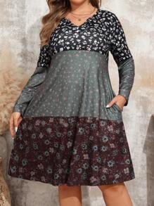 EMERY ROSE 大码 V 领花卉印花荷叶边下摆口袋长袖秋季连衣裙 - 彩色 - 查看 3