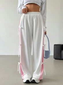 SHEIN EZwear Women's Elastic Waist Contrast Color Straight Leg Casual White Sweatpants With Bow Tie Graduation,Back To School Outfits,Graduation,Teacher Outfits For Women,Back To School