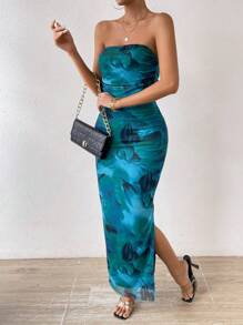 SHEIN PETITE 女士优雅露肩紧身全印花连衣裙长款女士服装 - 綠色 - 查看 4