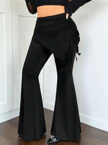 SHEIN ICON ICON Plus Drawstring Side Ruched Flare Leg Pants - Black - View 3