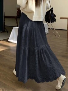 日韩女学生服裙子白色镂空提花蛋糕裙半裙女四季A字长裙Y2K衣服女仙女超仙系带半裙伞裙 - 黑色 - 查看 3