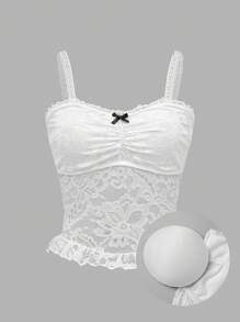 SHEIN Sweetro Cute Bow Lace Trim Hem Ladies Tank Top - White - View 1