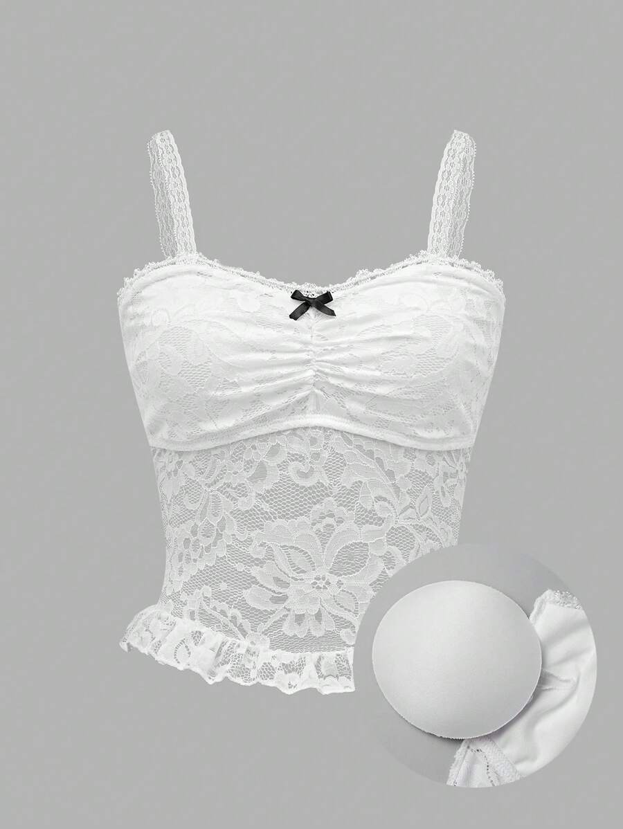SHEIN Sweetro Cute Bow Lace Trim Hem Ladies Tank Top - White - View 1