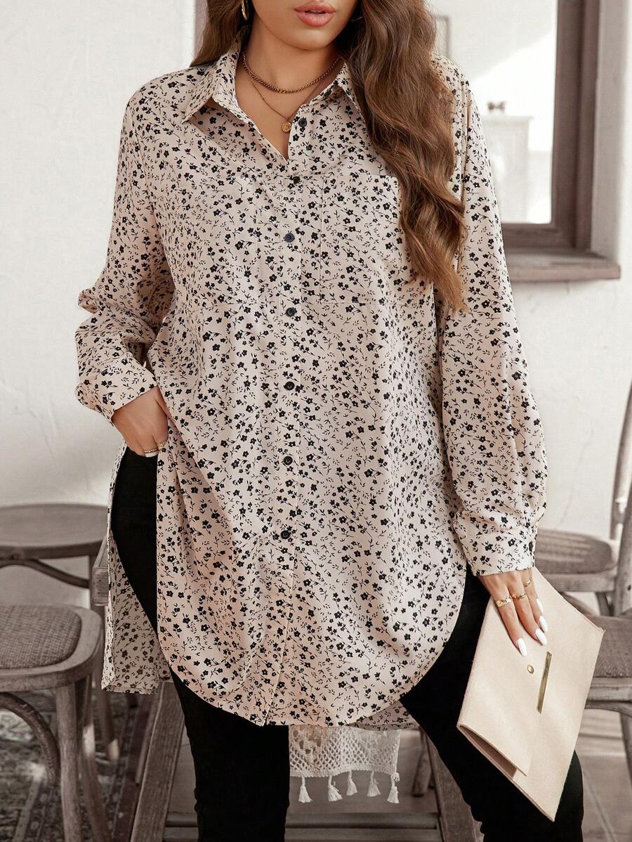 SHEIN LUNE 冬季服装加大码纯色花卉纽扣圆下摆衬衫 - 彩色 - 查看 1