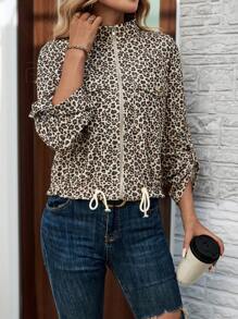 SHEIN LUNE Women's Leopard Print Cropped Jacket, Autumn - Khaki - View 4