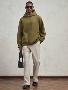 Manfinity VCAY Men's Loose Fit Drop Shoulder Hooded Knit Sweatshirt, Suitable For Autumn & Winter - Dark Green - View 6