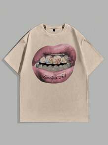 Manfinity ZONE917 Men's Loose And Fashionable Street-Style Retro Creative Lips  Angel Madonna Oil Painting Print Khaki Knit T-Shirt. - Khaki - View 1