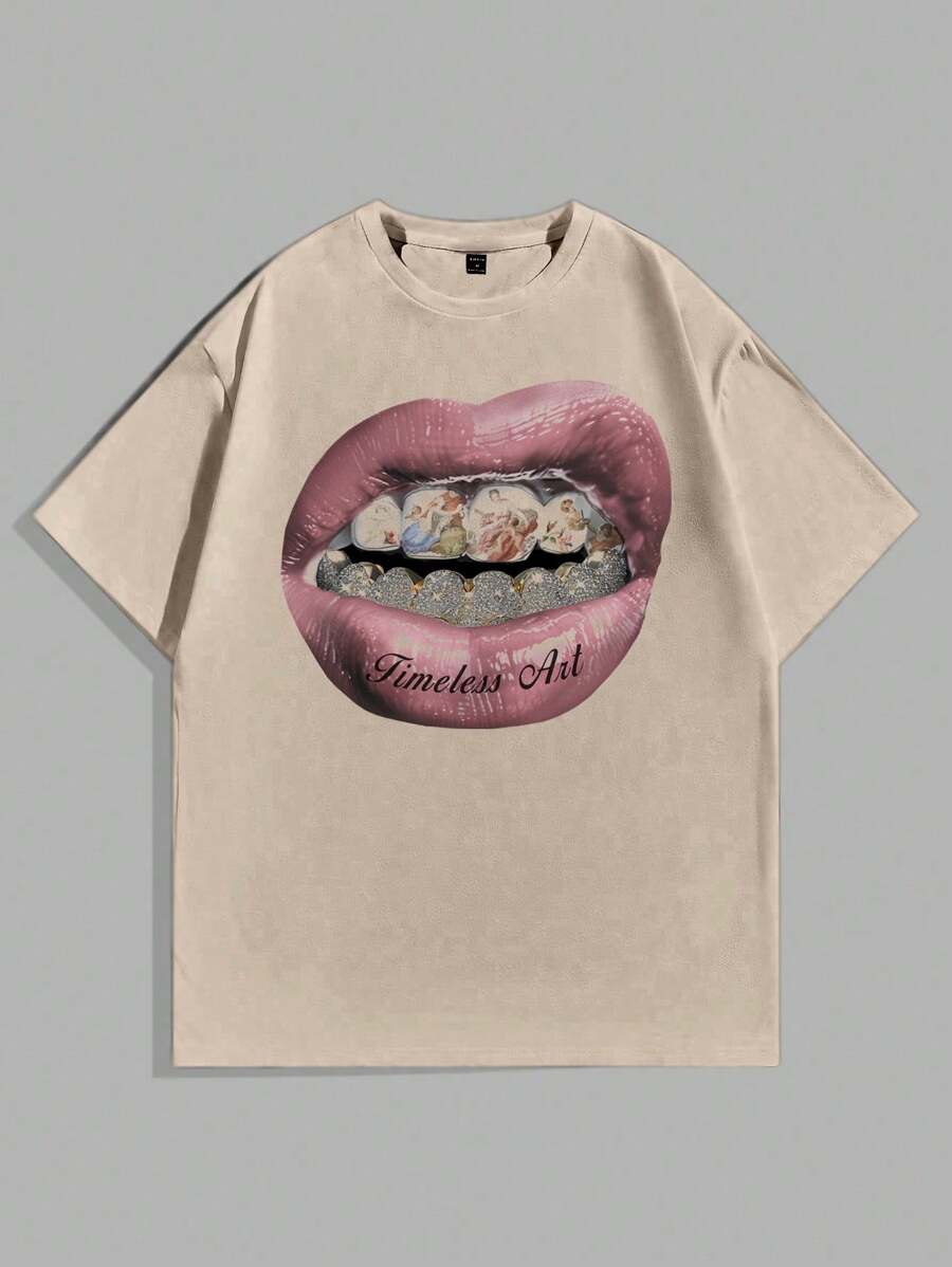 Manfinity ZONE917 Men's Loose And Fashionable Street-Style Retro Creative Lips  Angel Madonna Oil Painting Print Khaki Knit T-Shirt. - Khaki - View 1