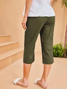 SHEIN LUNE 女士纯色简约休闲七分裤 - 軍綠色 - 查看 2