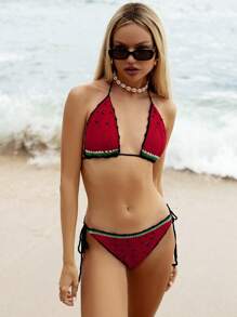 SHEIN Swim 2pcs Women Colorblock Trim Halter Backless Crop Top And Tie Side Triangle Bikini Swimsuit Set Summer - Multicolor - View 7