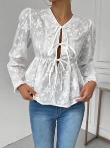 SHEIN LUNE Women's Commute Simple Floral Jacquard Front Tie Long Sleeve Elegant Blouse, Spring/Summer