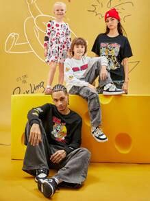 TOM & JERRY X SHEIN 1 pieza Sudadera oversize de hombros caídos con estampado de dibujos animados para niño preadolescente en blanco - Blanco - Ver 10