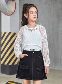 3pcs Tween Girls' Loose Casual Short Hollow Out Long Sleeve Top, Cami Top & Skirt Outfit With Fashionable Cargo Feel