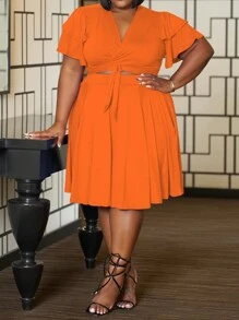 Conjunto de vestido informal con cuello en V y bolsillos para talla grande - Naranja - Ver 1