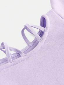 SHEIN Girlism Teen Girls' Purple Cross Shoulder Exposed Short Hoodie With Small Ears, Dark Style Casual Solid Color Pullover Sweatshirt,In Fall/Winter