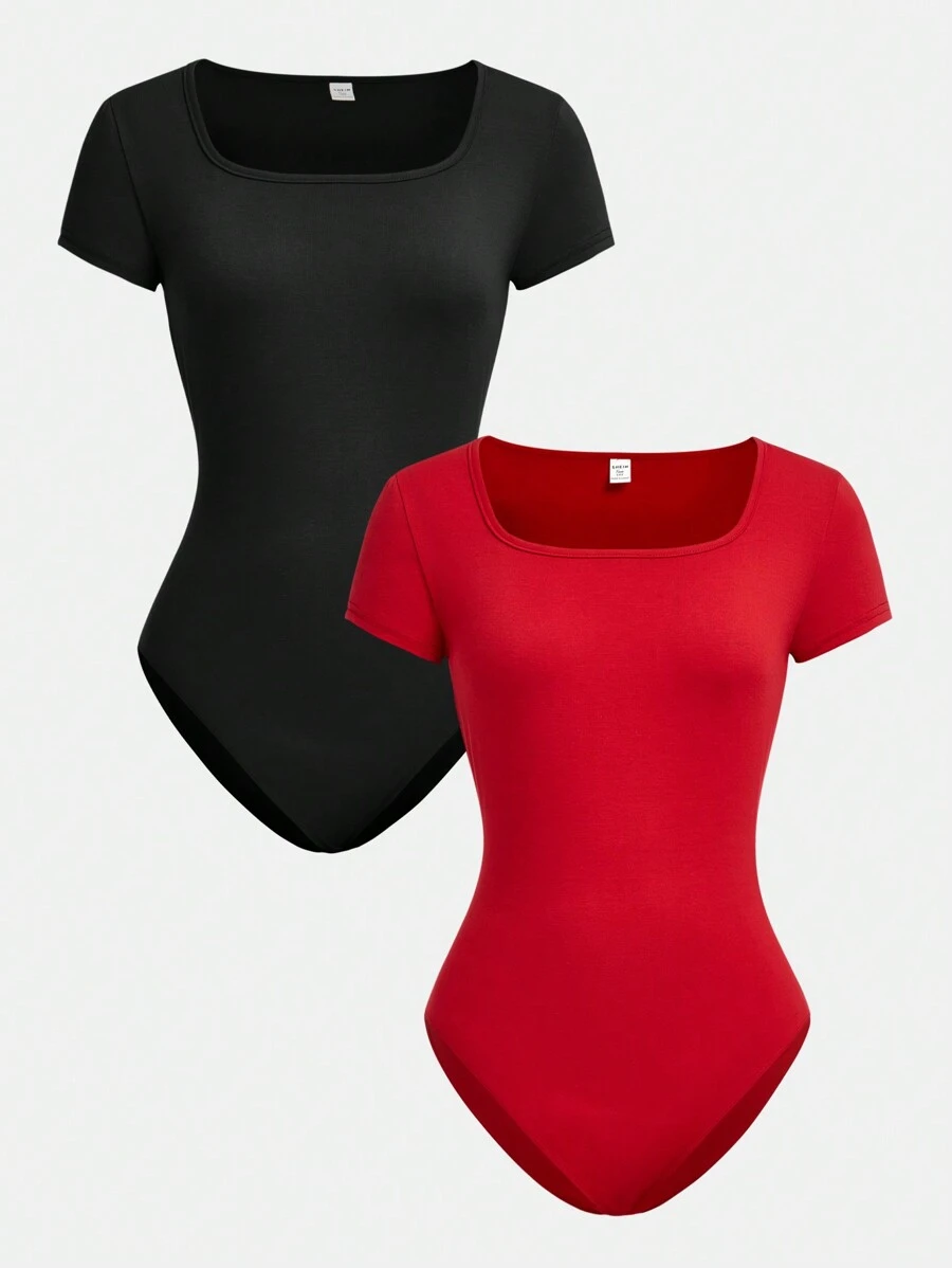 SHEIN Girlism 2 cái/bộ Áo liền quần ngắn tay dệt kim cổ tròn vừa vặn cho các cô gái tuổi teen - Đỏ - Xem 1
