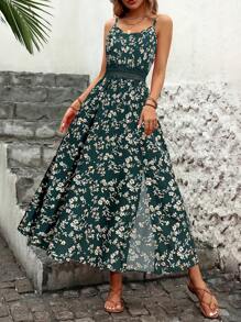 时尚细肩带花卉印花腰部拼布镂空花卉饰边开衩连衣裙 - 彩色 - 查看 5