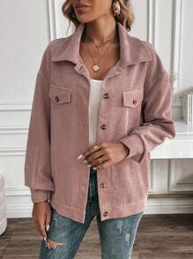 SHEIN LUNE Plain Front Button Up Casual Long Sleeve Jacket - Pink - View 1