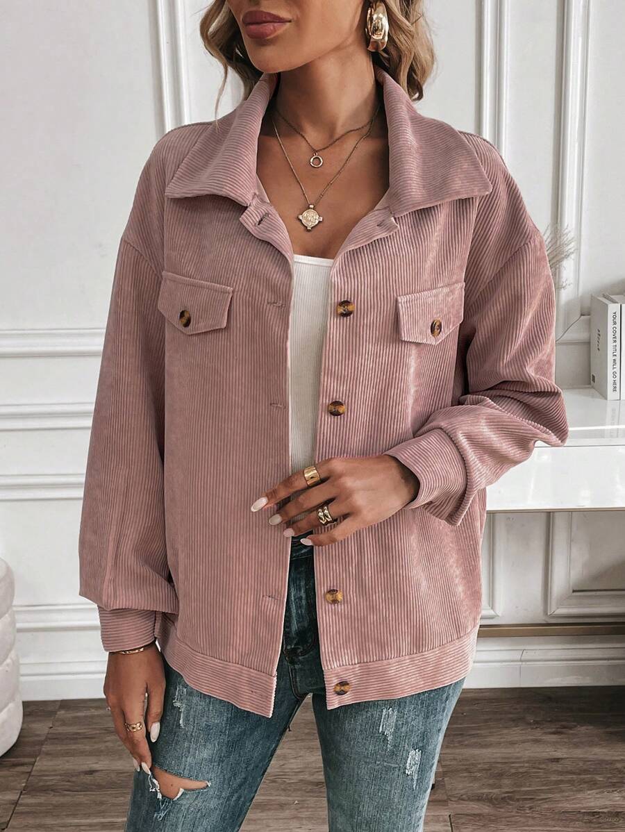 SHEIN LUNE Plain Front Button Up Casual Long Sleeve Jacket - Pink - View 1