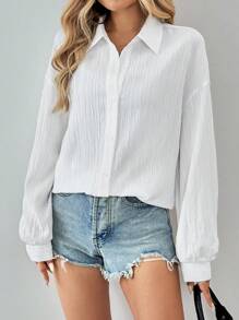 SHEIN Tall Linen Work Blouse Old Fashion Solid Color Long Sleeve Shirt