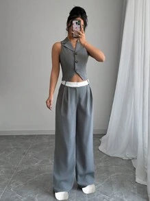 Chiquease 女士休闲商务套装：无袖背心和撞色腰带裤 - 灰色 - 查看 6