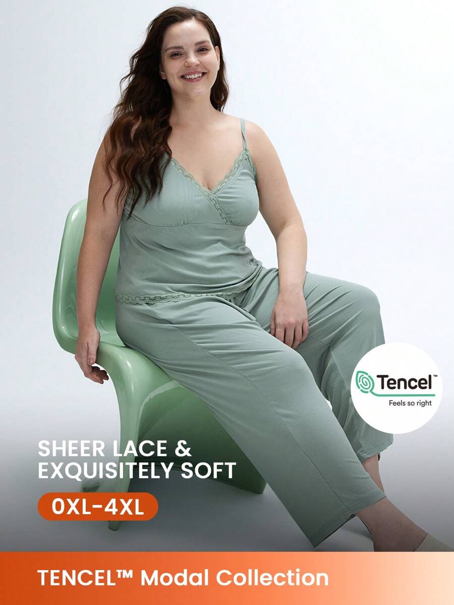 LUVLETTE Bộ đồ ngủ modal co giãn có gân cho nữ Plus kèm áo hai dây Babydoll và quần, đồ ngủ, mùa hè, đồ ngủ, áo hai dây, đồ lót mặc ở nhà