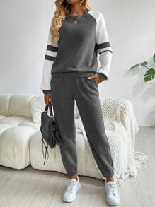 SHEIN LUNE Bộ 2 món áo nỉ và quần phối màu tương phản dành cho nữ, trang phục thường ngày mùa thu đông, thích hợp mặc đi sân bay. - Màu xám đen - Xem 3