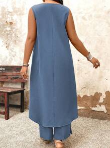 Conjunto de 2 piezas de top sin mangas con cuello redondo y bajo irregular talla grande pantalones casuales sueltos talla grande - Azul - Ver 2