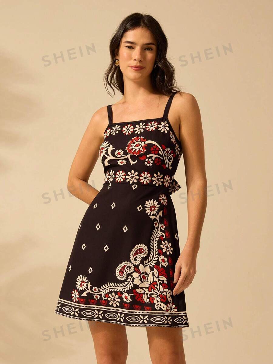 CAJUNI Vestido corto de verano casual de vacaciones bohemio para mujeres con estampado tropical, azalea, girasol en negro sin tirantes