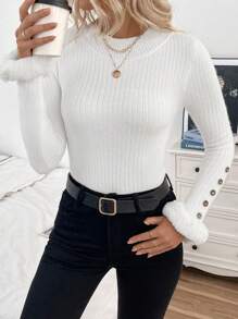 Chiquease Women's Stand Collar Long Sleeve Knit Sweater, Warm Fleece Cuffs, Knit Pullover Fall Winter - White - View 7