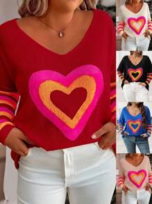 Calvaya Áo Len Nữ Cổ Chữ V Plus Size Họa Tiết Hình Trái Tim - Đỏ - Xem 2