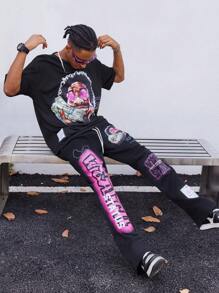 PAVTROS 男士涂鸦图案嘻哈风格 T 恤套装，男士两件套服装 - 黑色 - 查看 4