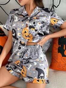 Bộ đồ ngủ nữ giả lụa in hình Halloween - Xám - Xem 1