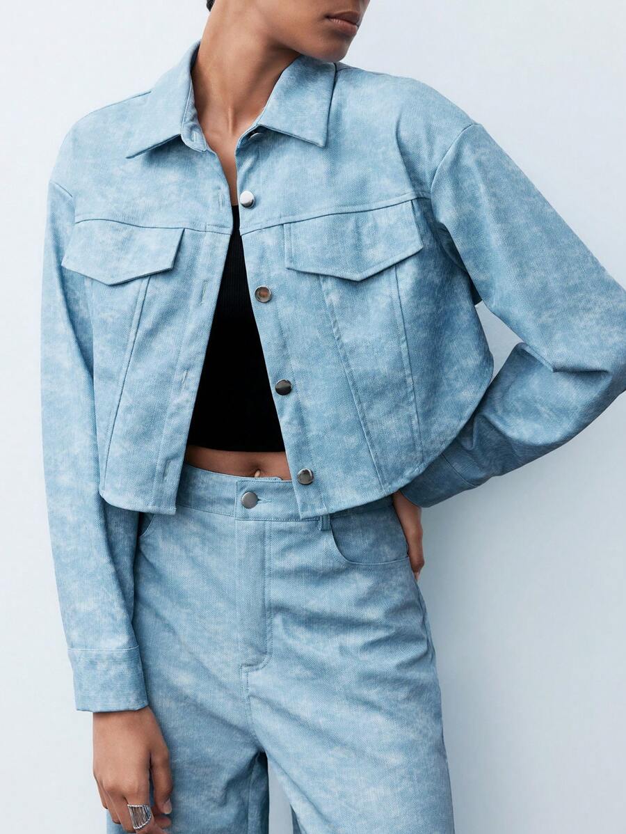 Maija 女士春秋扎染长袖短款休闲时尚衬衫 - 藍色 - 查看 1