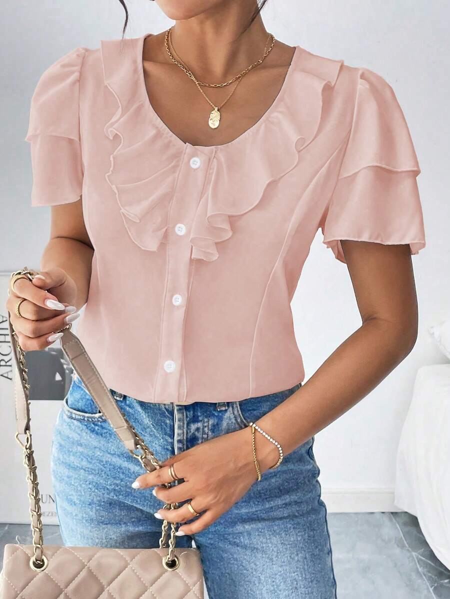 Chiquease Blusa con ribete de volantes y botones delanteros para uso diario - Rosa Pálido - Ver 1