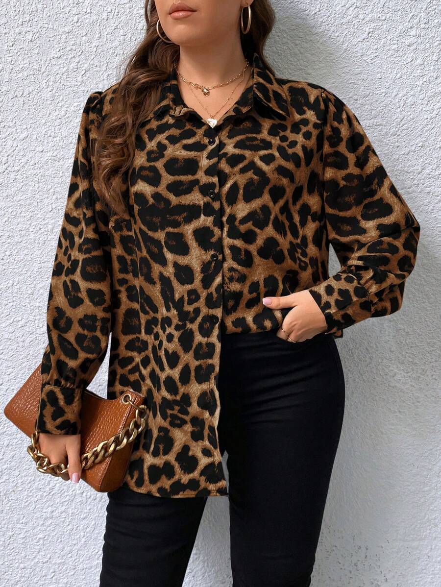 Chikora 大码女式豹纹长袖衬衫