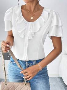 Chiquease Camisa para mujer unicolor con ribete de volantes, ropa casual de verano para el trabajo - Blanco - Ver 1