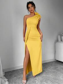 Chiquease Simple Ruched Asymmetrical Neck Slit Dress, Casual & Holiday - Yellow - View 5
