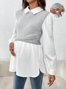 SHEIN Conjunto de maternidad de unicolor de parches de manga larga, sencillo para la lactancia, uso diario casual