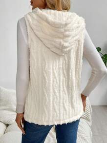 SHEIN LUNE Solid-Colored Textured Fringed Fluffy Sleeveless Front Button Hooded Vest Jacket For Women In Fall/Winter - Apricot - View 4