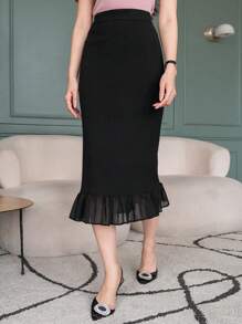 DAZY Váy đuôi cá chắp vá tối giản hàng ngày cho nữ, xếp nếp - màu đen - Xem 4