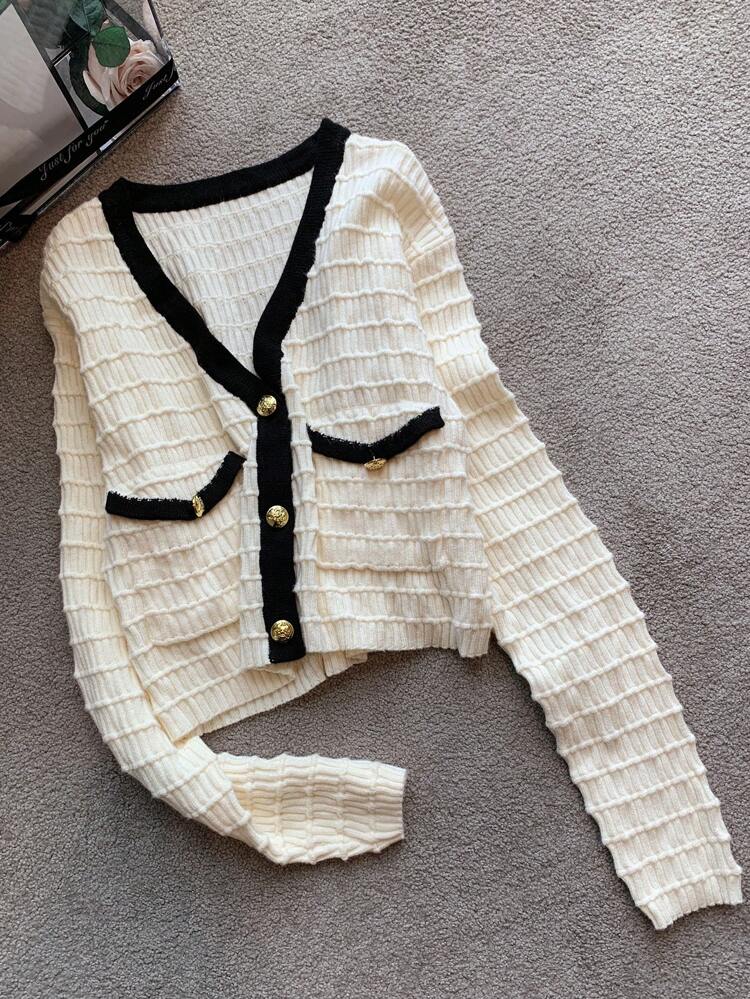 Women's Casual Striped Trim Crop Cardigan, Autumn/Winter,Fall Women Clothes