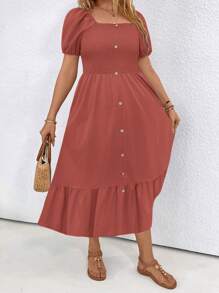 SHEIN LUNE Plus Size Solid Color Square Neck Ruffle Hem Short Sleeve Dress - Orange - View 3