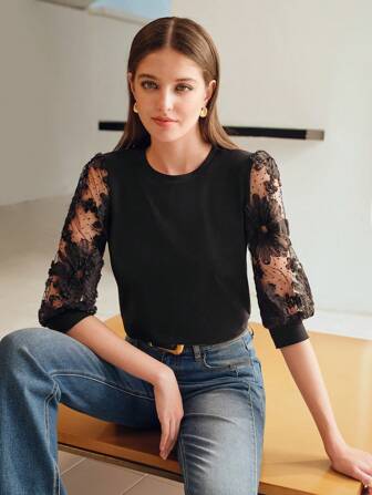 MOTF PREMIUM FLORAL PATTERN DOBBY MESH LANTERN SLEEVE TEE