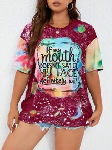 SHEIN LUNE T-shirt décontracté à imprimé de slogan tie-dye, grande taille, été