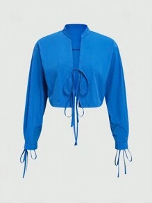 INAWLY Camisa para mujer casual y cómoda con lazo al frente - Azul - Ver 3