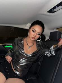 Flirla Áo dài có cổ trang trí bằng kim loại cỡ lớn thời trang, mùa xuân, mùa thu - Bạc - Xem 6